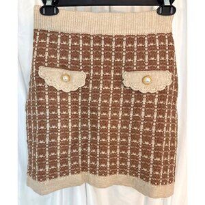 Entro Boutique Brown & Beige Tweed-Style Knit Skirt With Pearl Button Detail